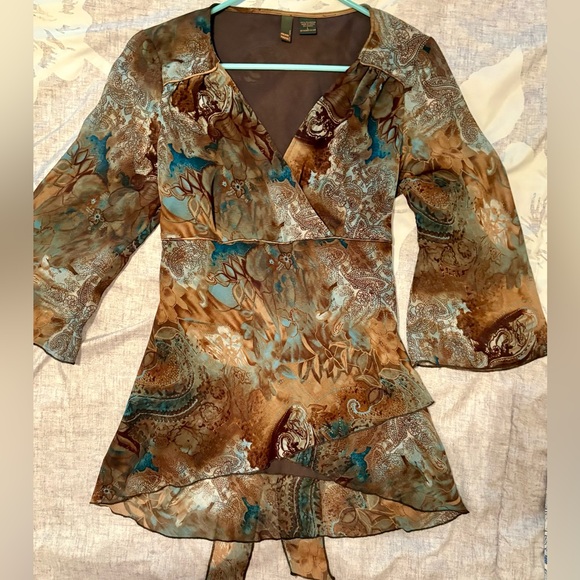 Tiered, Brown, Teal and Tan Bell Sleeve Blouse - Picture 1 of 12